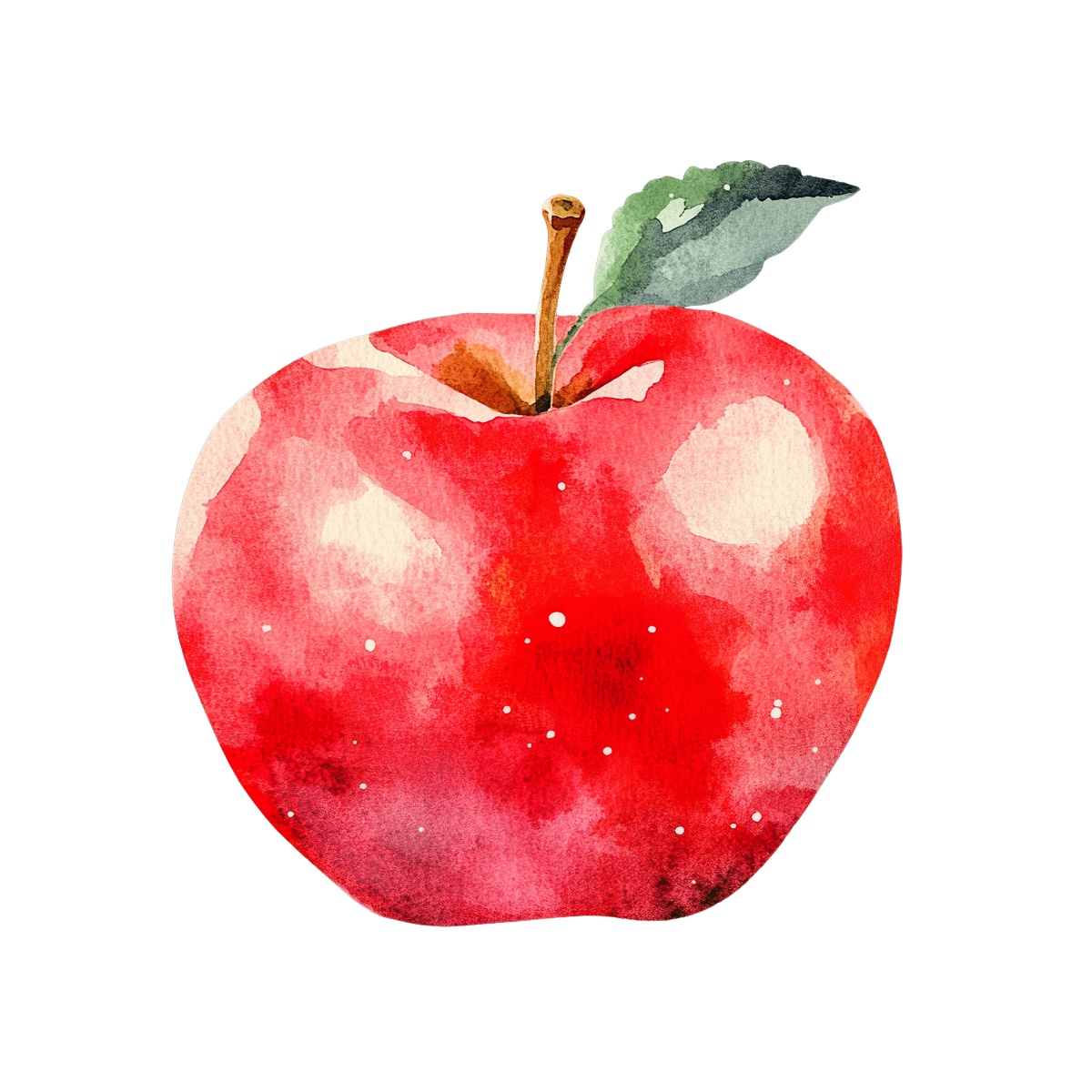 Watercolor red apple with green leaf and brown stem.