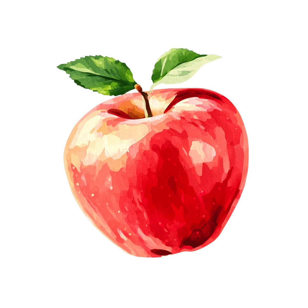 Watercolor red apple with green leaves in a digital clipart style.