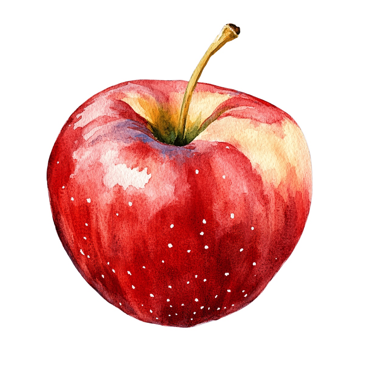 Watercolor red apple with stem and highlights, artistic depiction.
