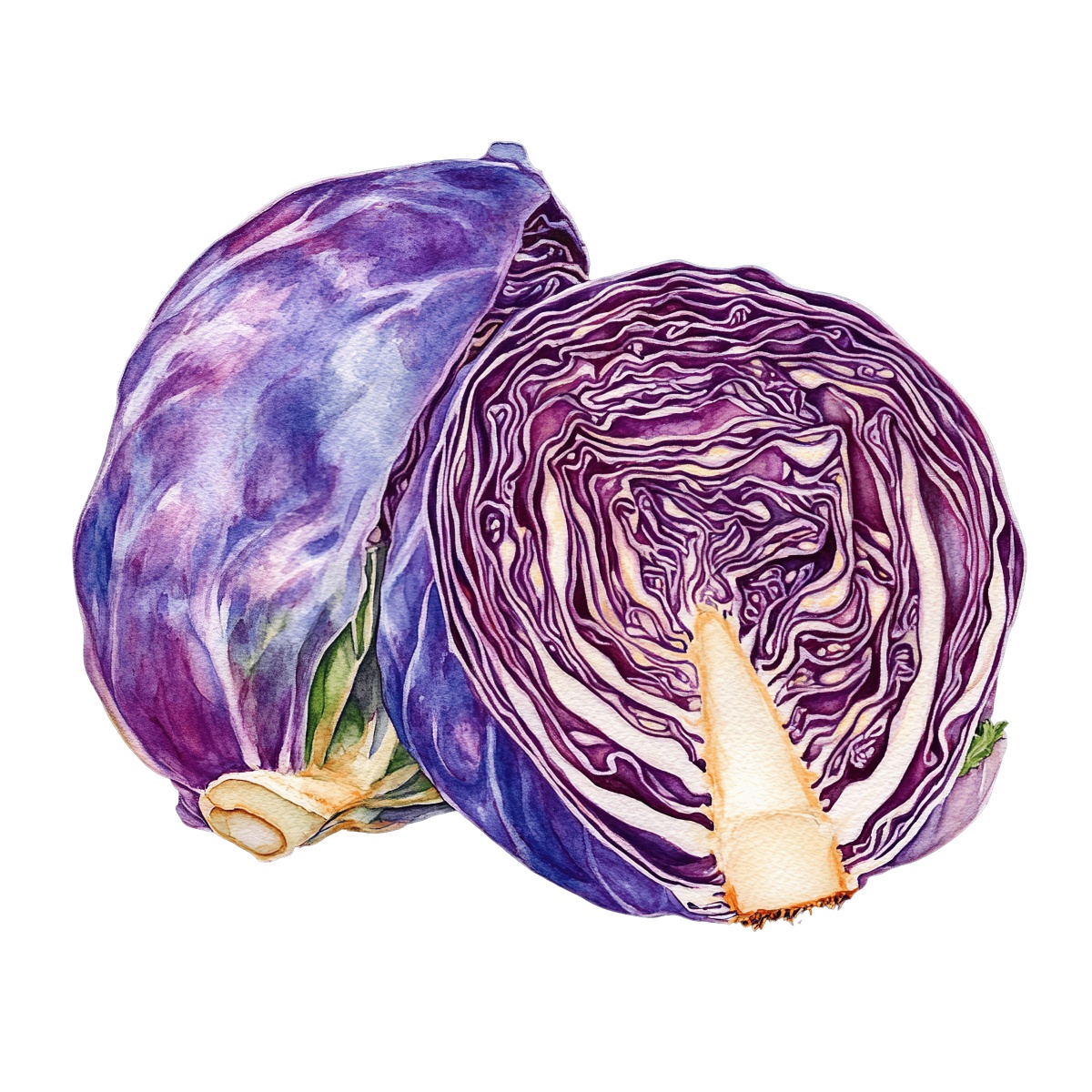 Watercolor art of a whole and sliced red cabbage.