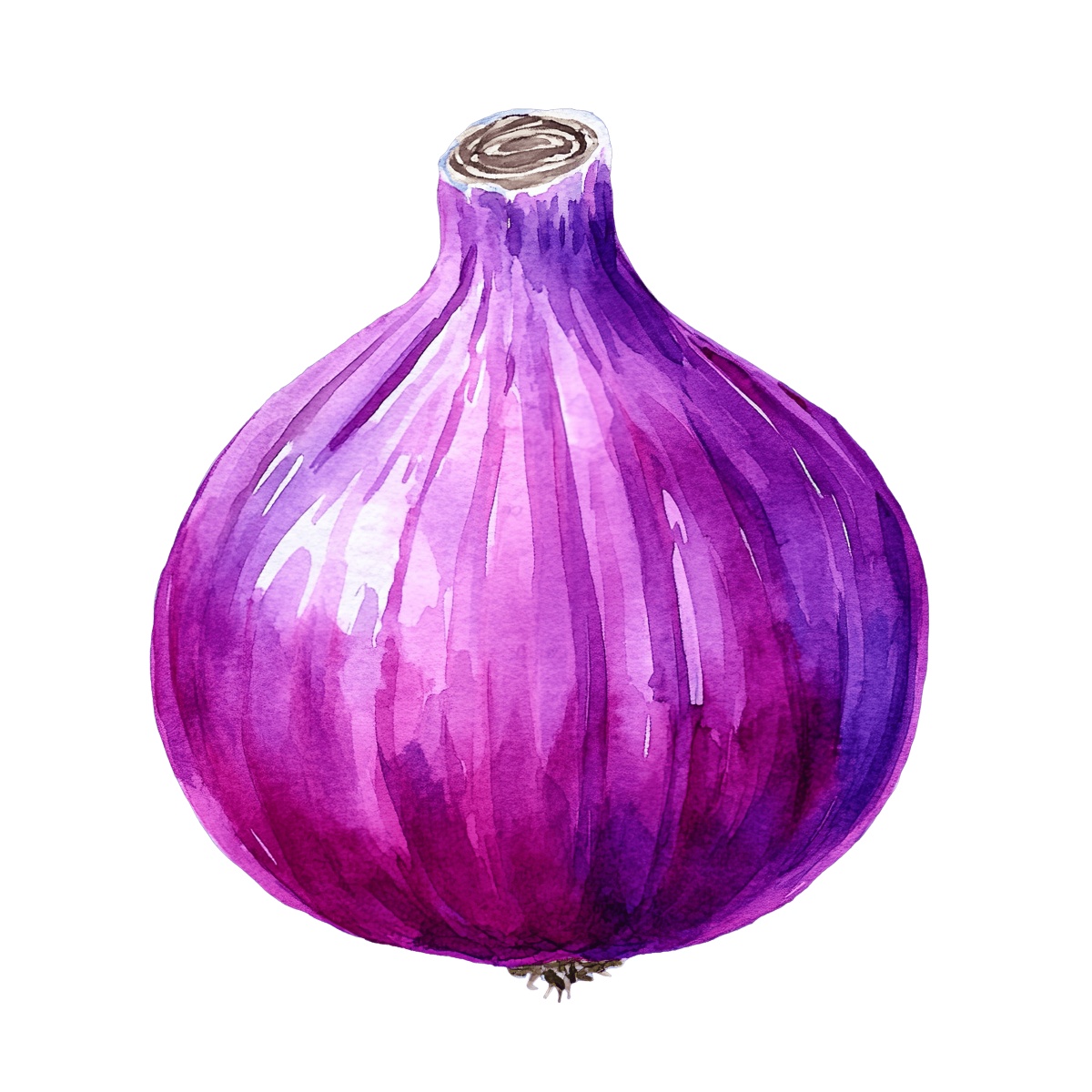 Watercolor art of a red onion with vibrant purple tones.