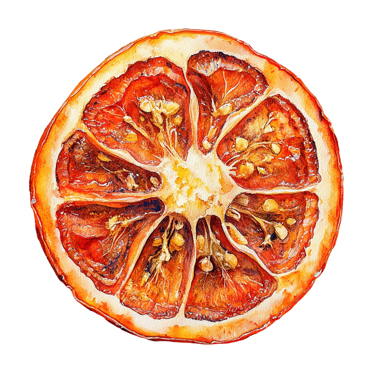 Watercolor artwork of a dried orange slice showing seeds and segments.