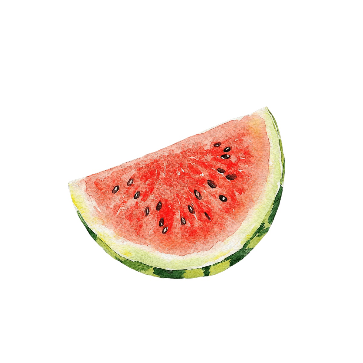 Watercolor art of a watermelon slice with seeds and green rind