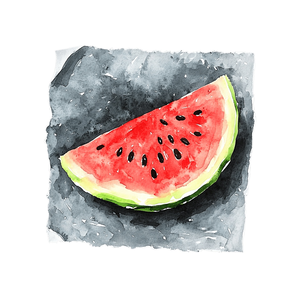 Watercolor depiction of a watermelon slice with seeds.