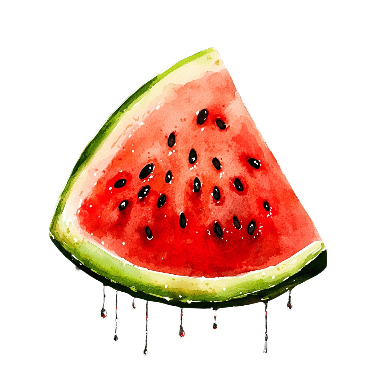 Watercolor art of a watermelon slice with seeds and dripping juice