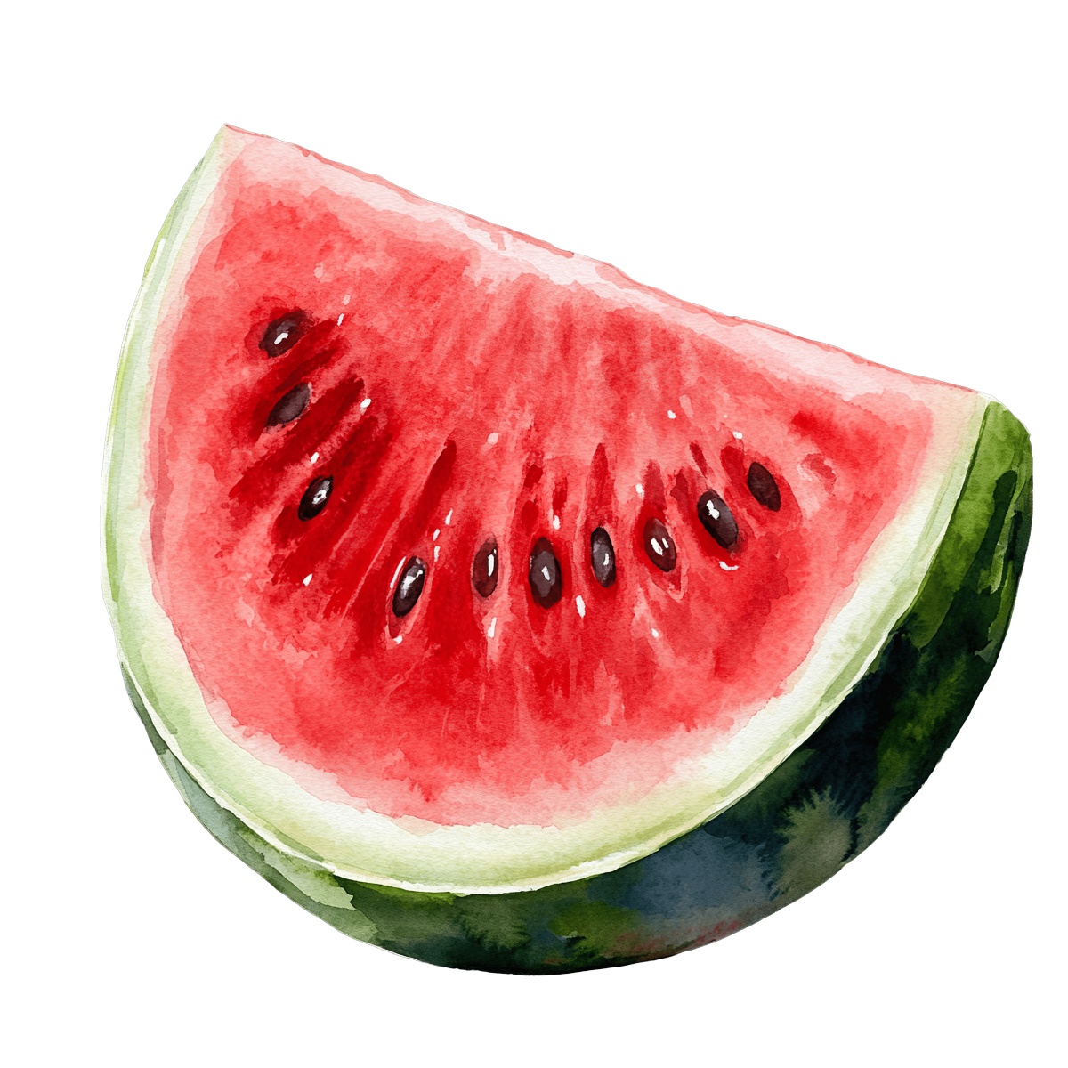 Watercolor art of a watermelon slice with visible seeds