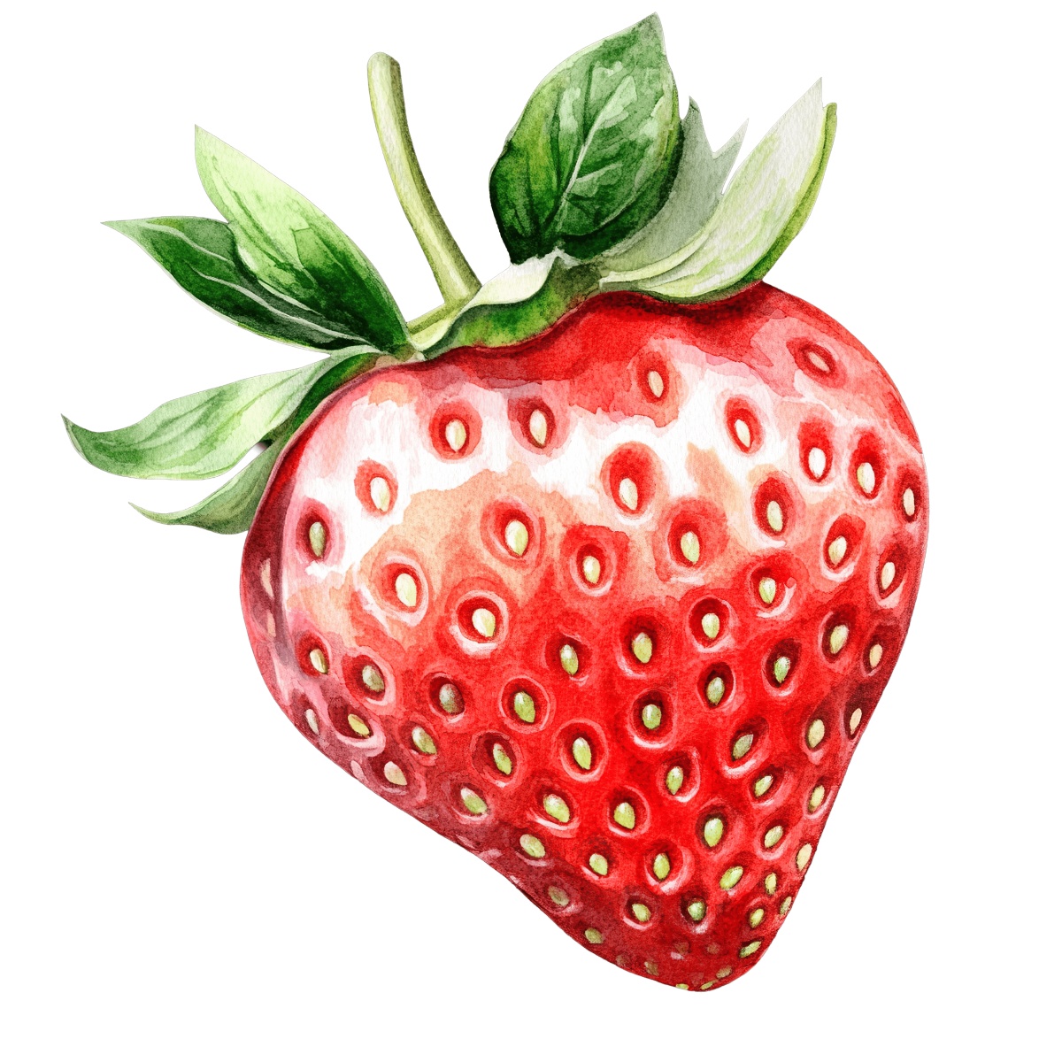 Watercolor strawberry with green leaves and detailed seeds.