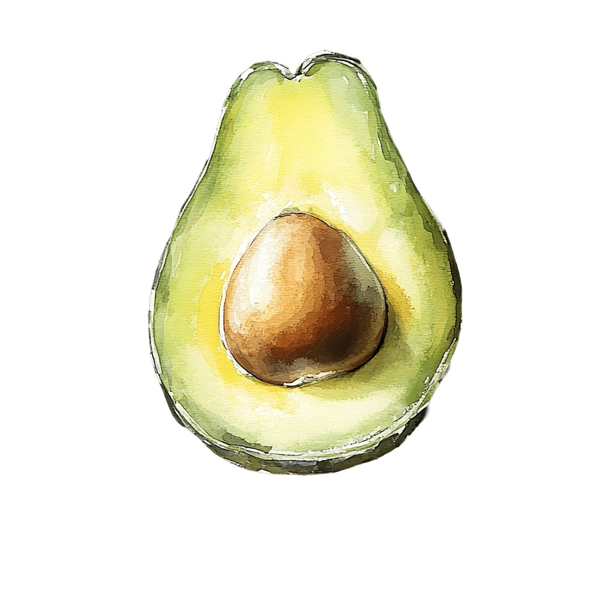 Watercolor style art of an avocado half with seed.