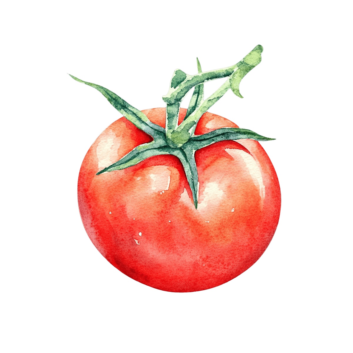 Watercolor art of a red tomato with a green stem
