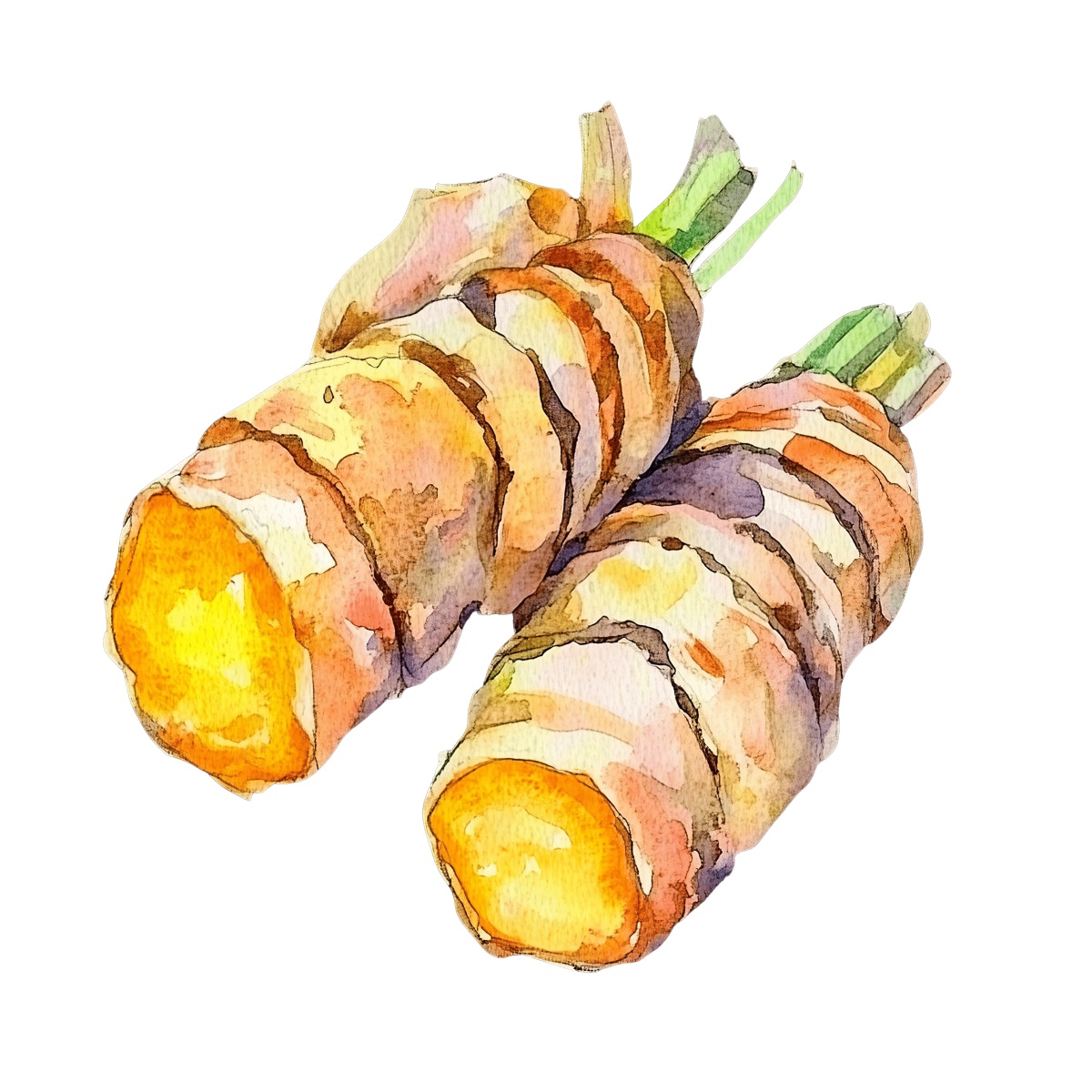 Watercolor turmeric roots with green stems depicted in detailed clipart
