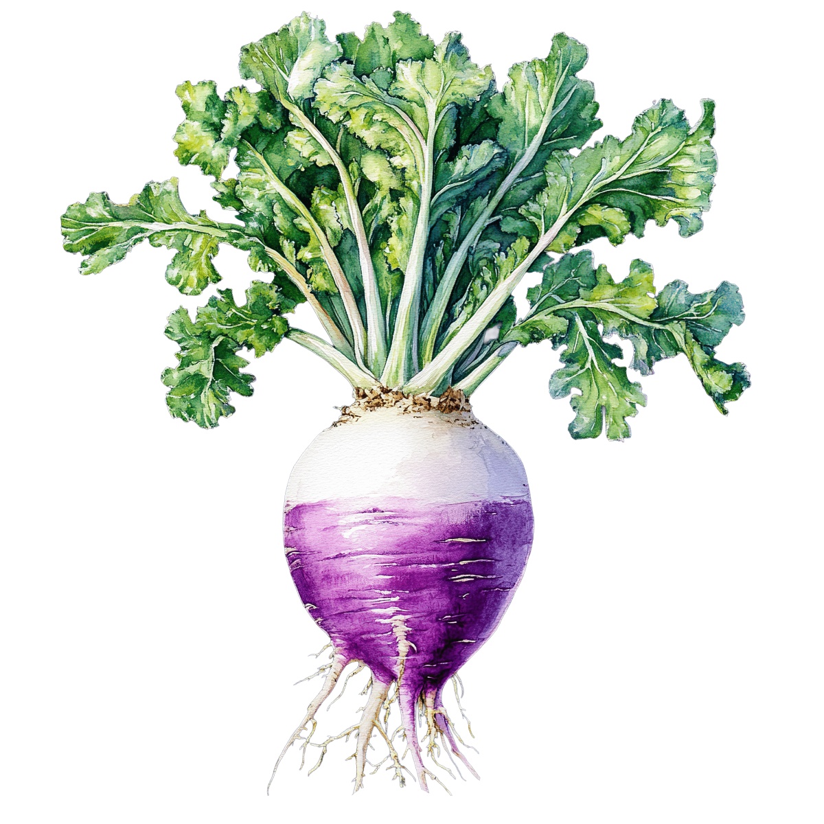 Watercolor turnip with green leaves and a purple base depicted in clipart style