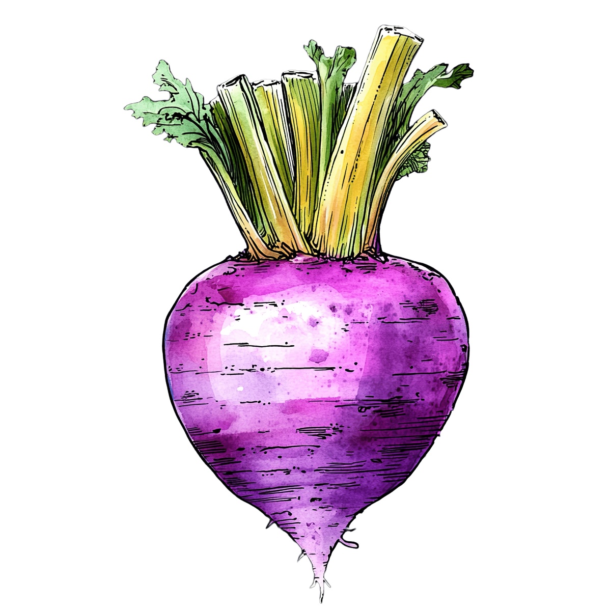 Watercolor turnip with green leaves and purple skin depicted in clipart style