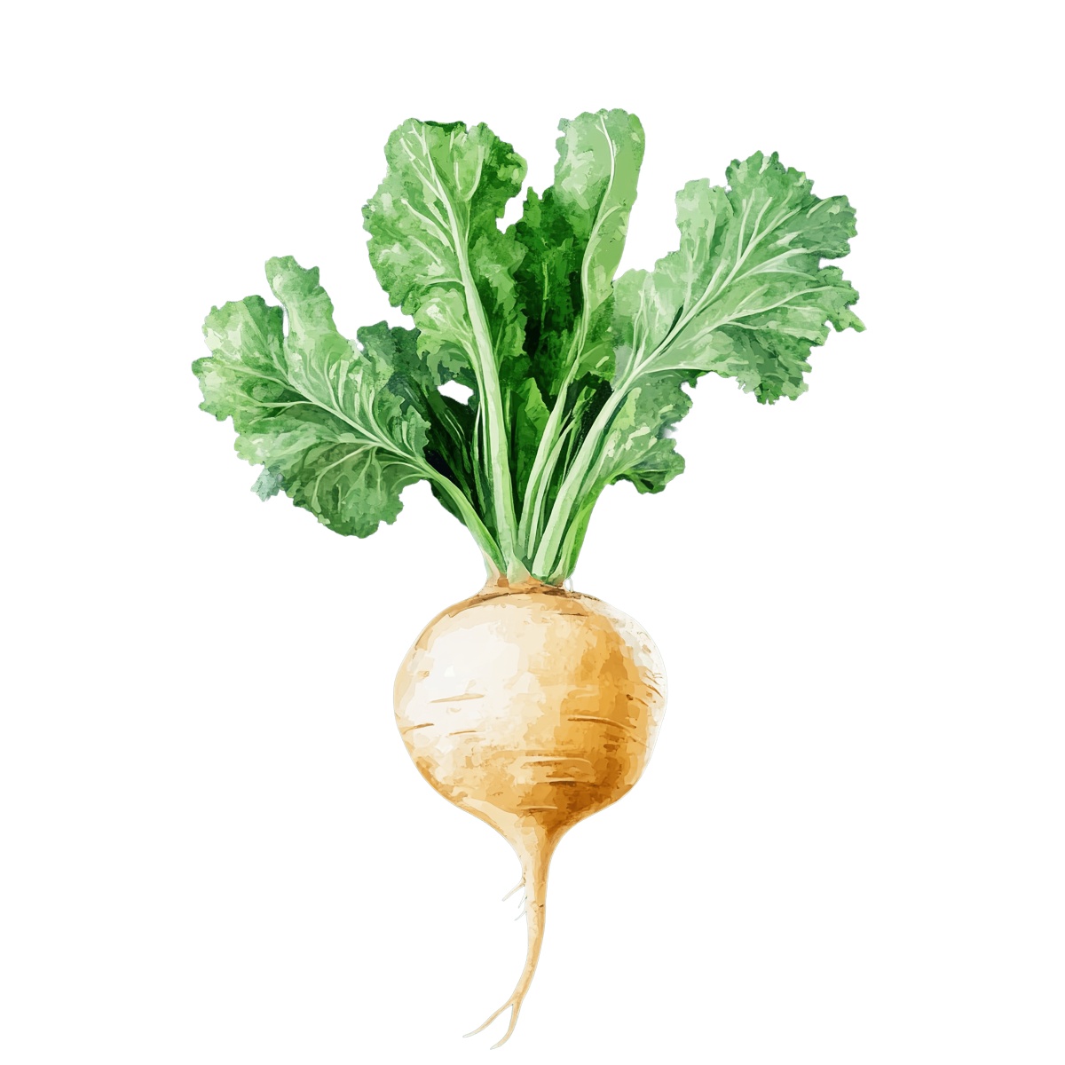 Watercolor turnip with green leaves on a