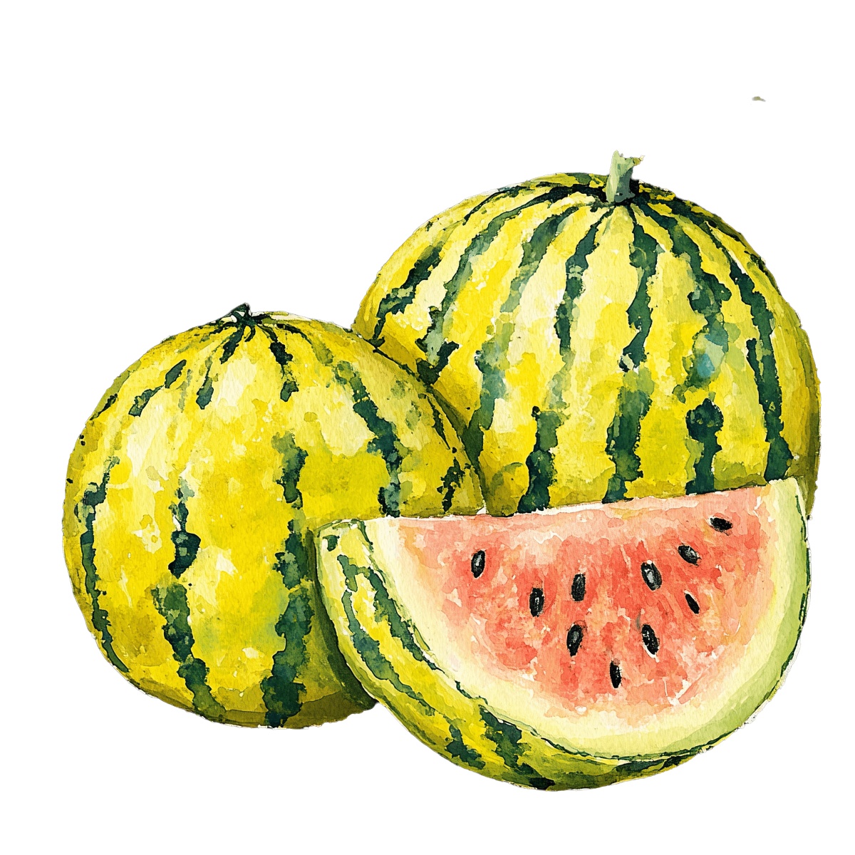 Watercolor depiction of whole and sliced watermelons with red flesh and seeds