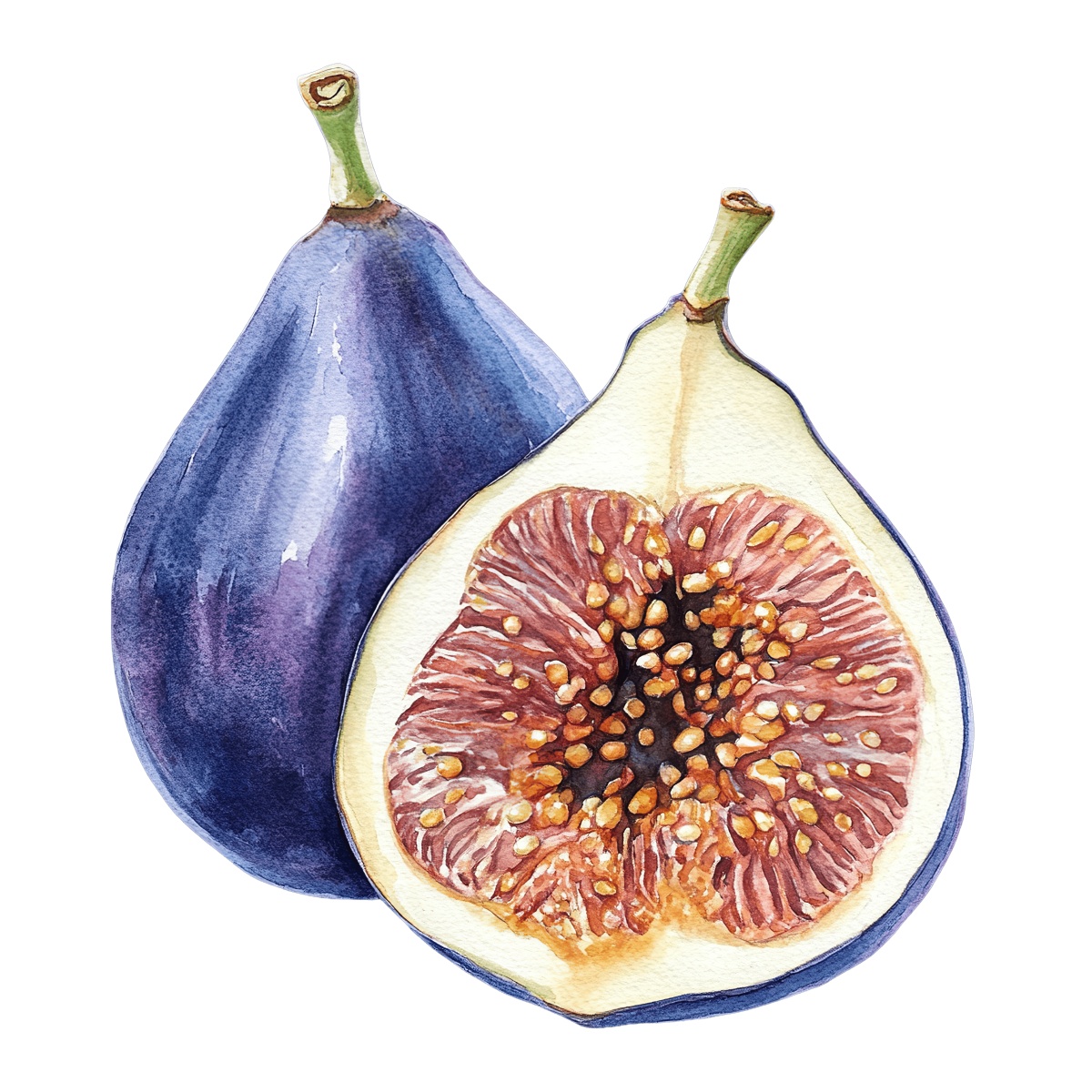 Watercolor art of whole and halved figs with visible seeds