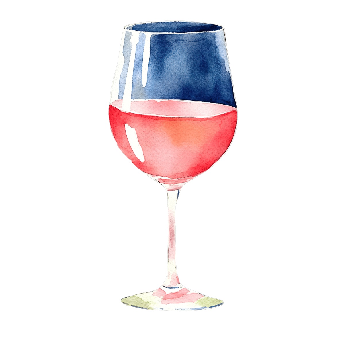 Watercolor art of a wine glass filled with red wine.