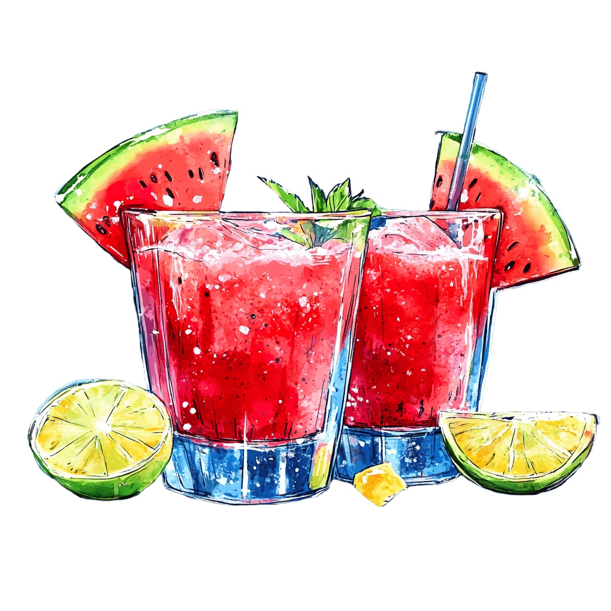 Two glasses of watermelon drinks with lime slices and mint garnish