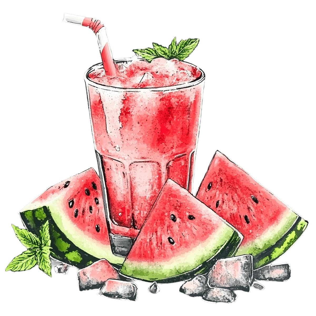 Watermelon juice in a glass with slices and a straw