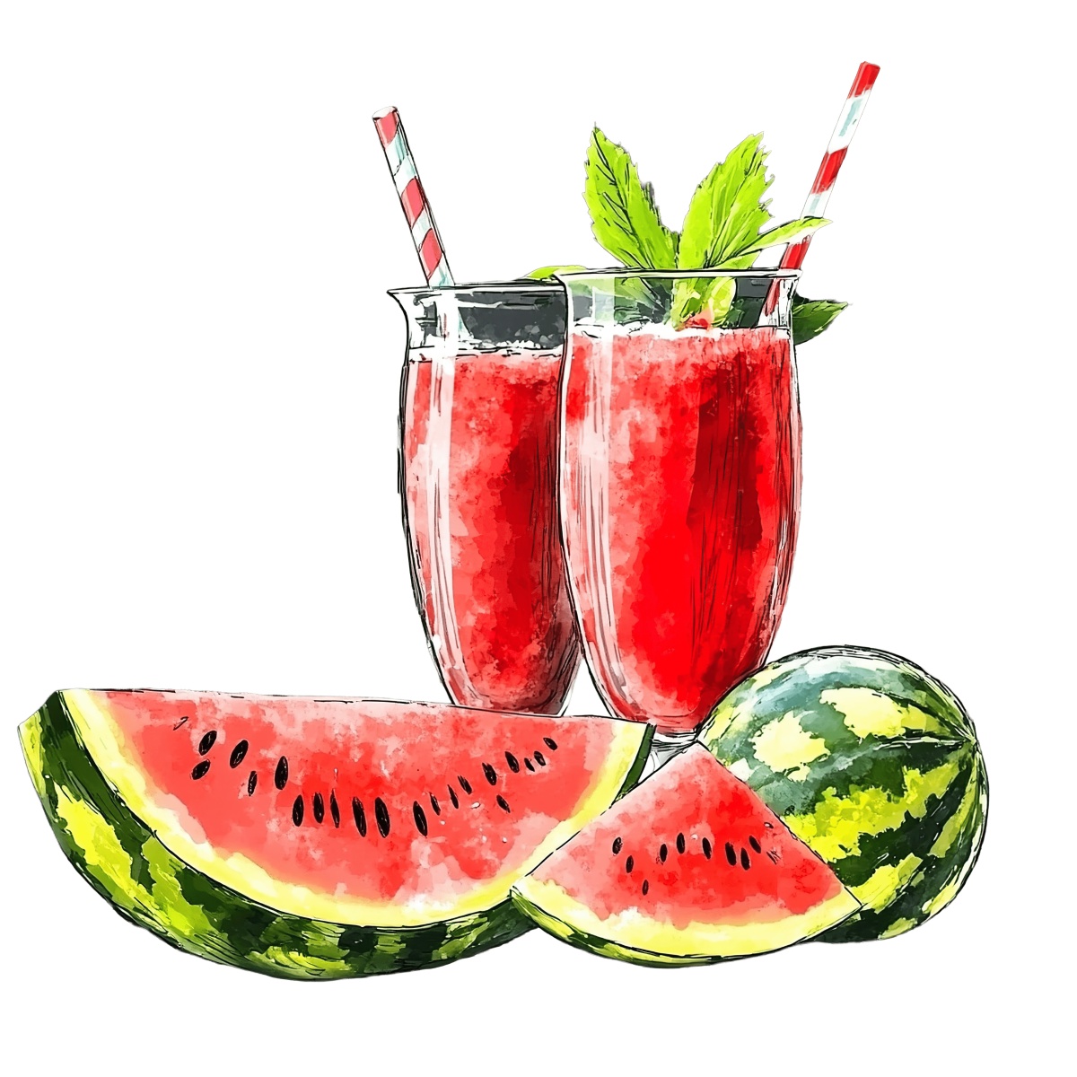 Watermelon juice in glasses with slices and a whole watermelon