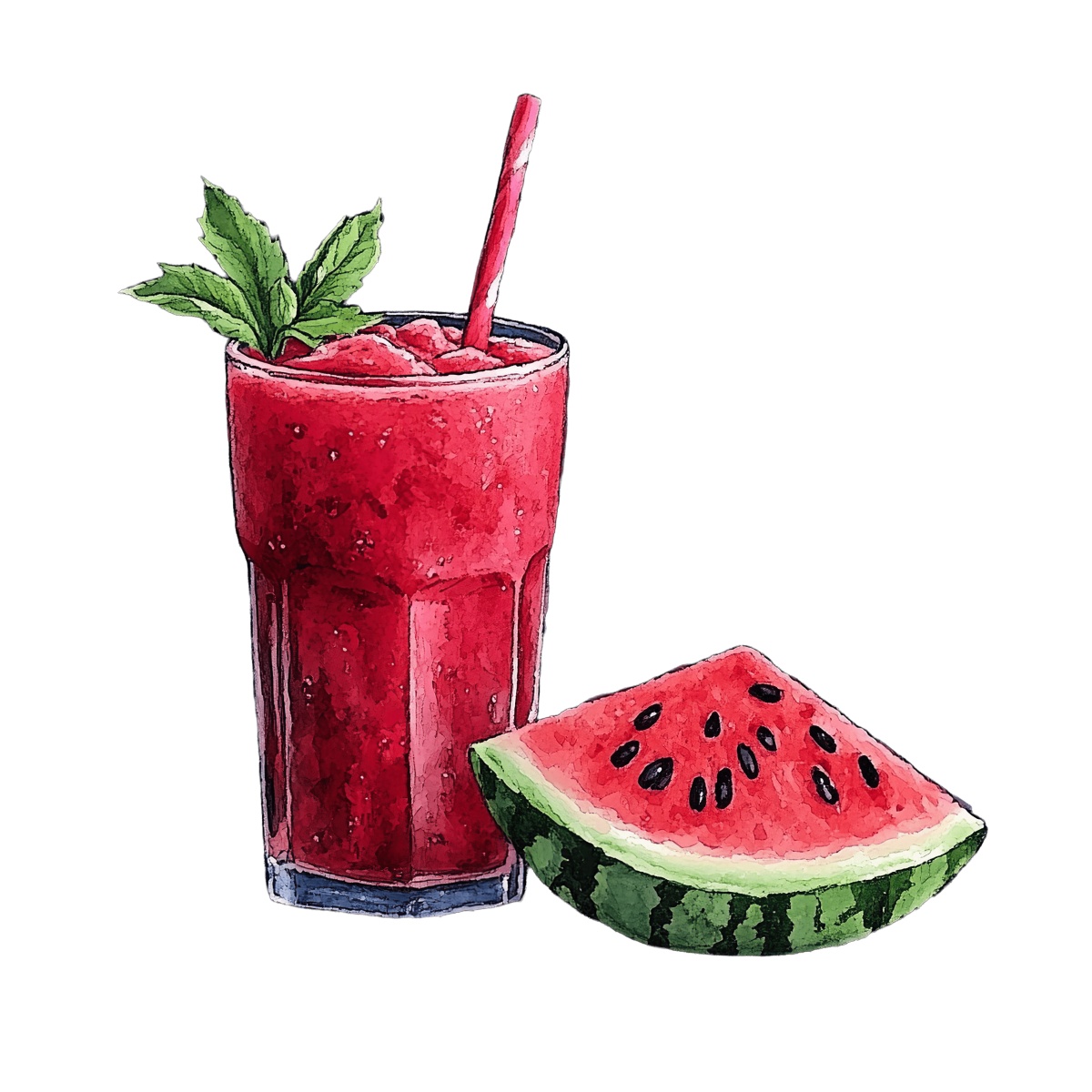 Watermelon smoothie in a glass with a straw and a fresh slice