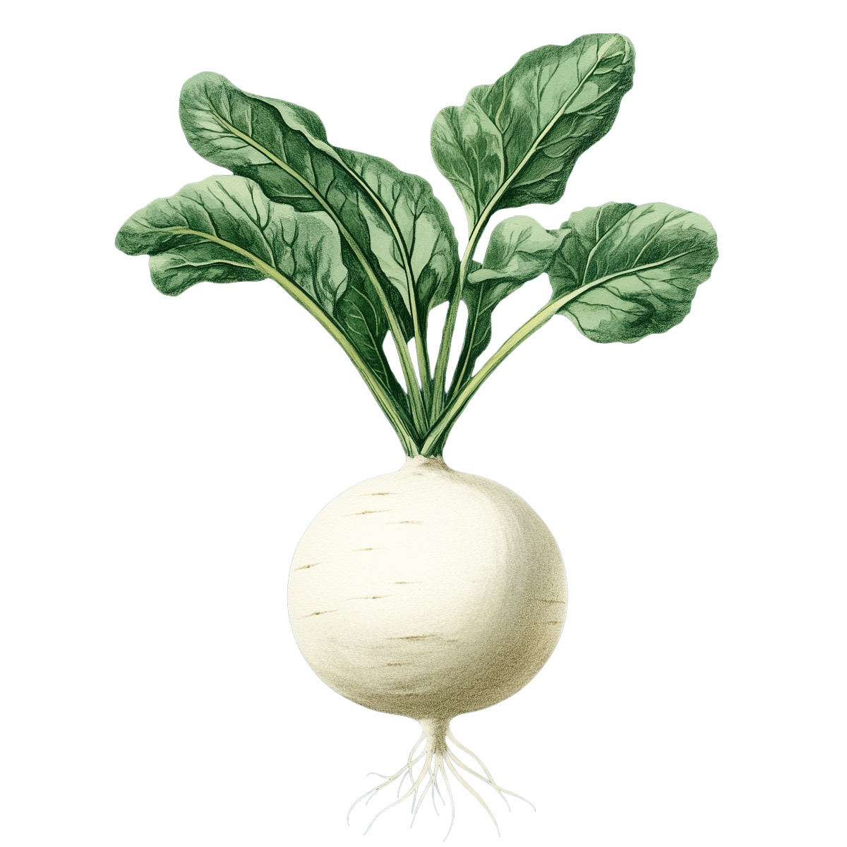 White turnip with green leaves and roots in a vector clipart style