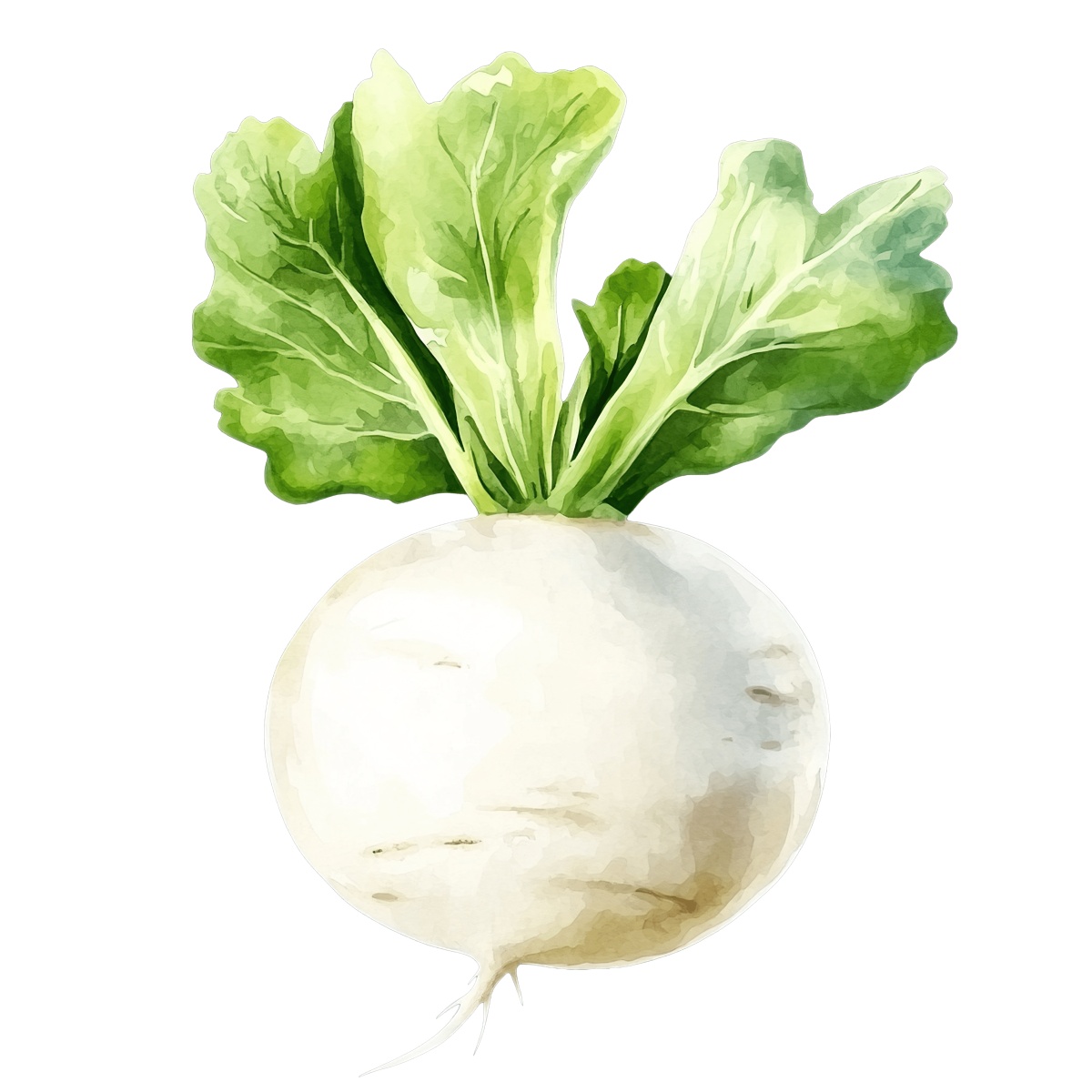 White turnip with green leaves in a watercolor style art