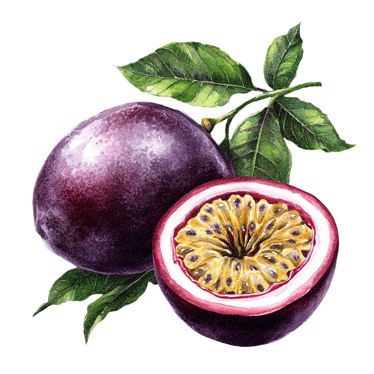 Passion fruit with purple skin and seeds, accompanied by green leaves.