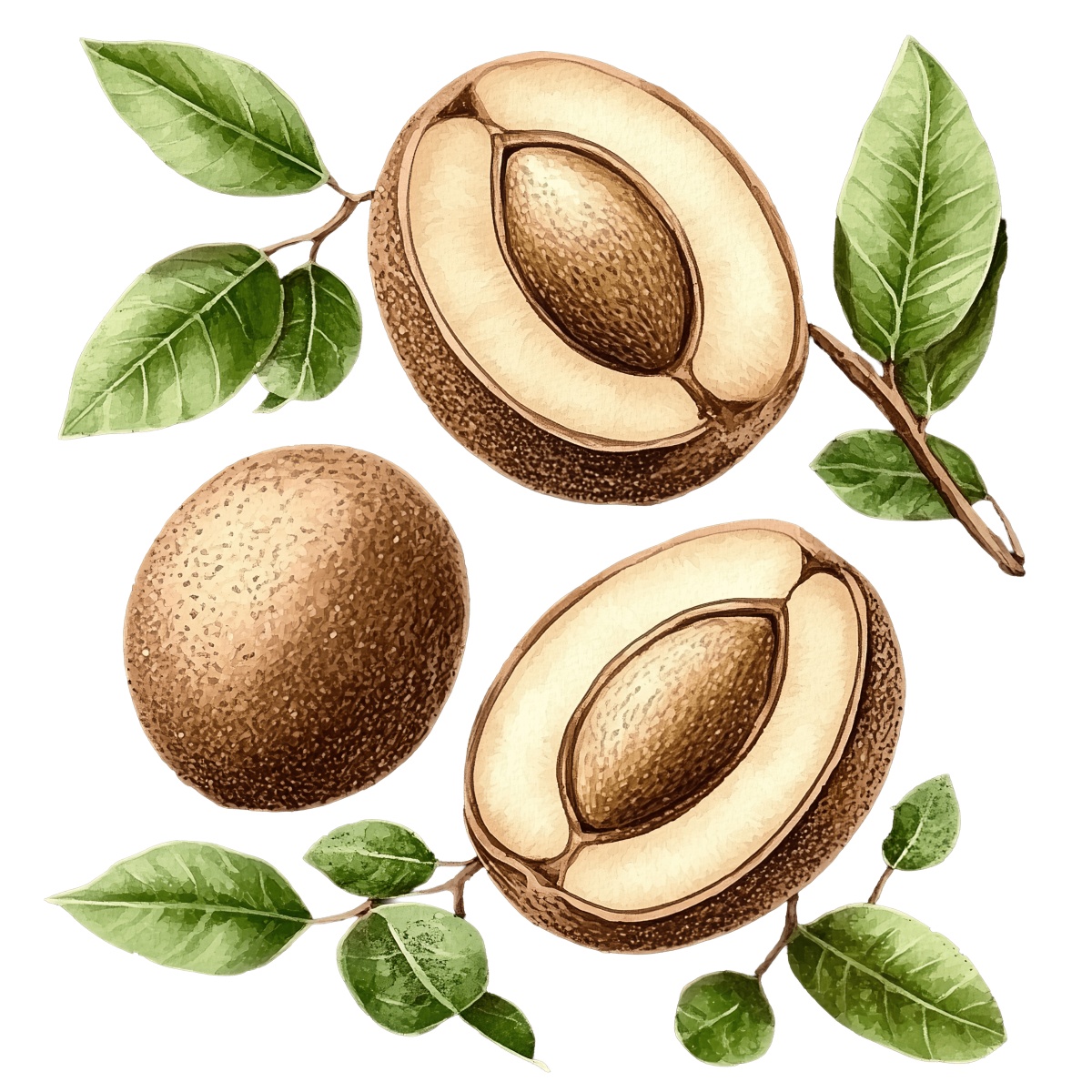 Whole and halved sapodilla fruits with green leaves.