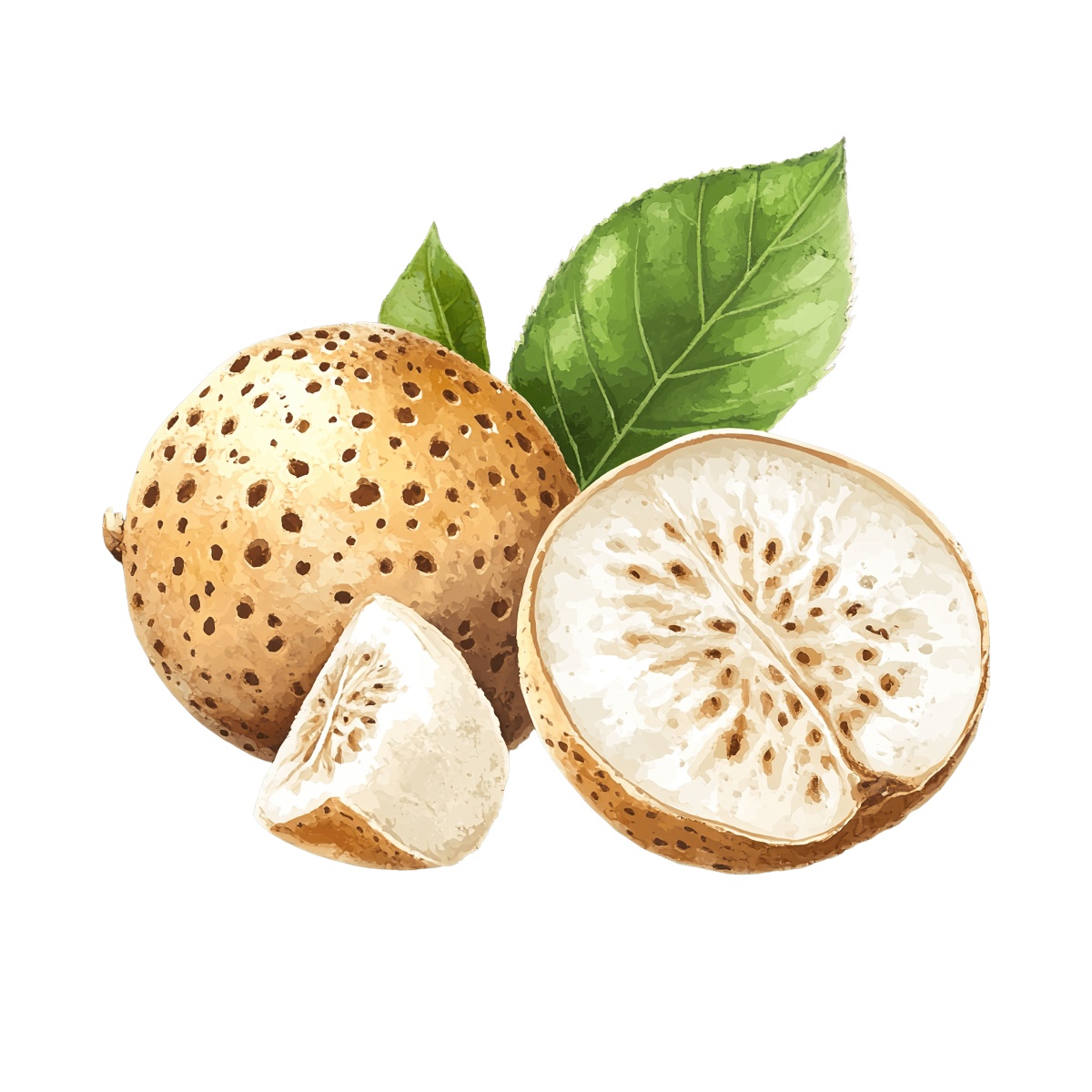 Bael fruit shown whole and sliced with accompanying green leaves.