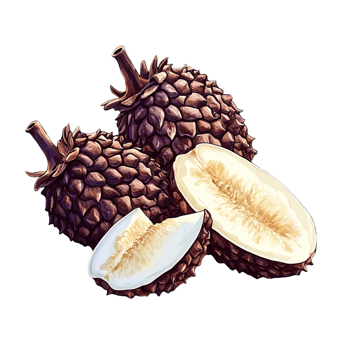 Salak fruit with rough brown skin, shown whole and sliced open.