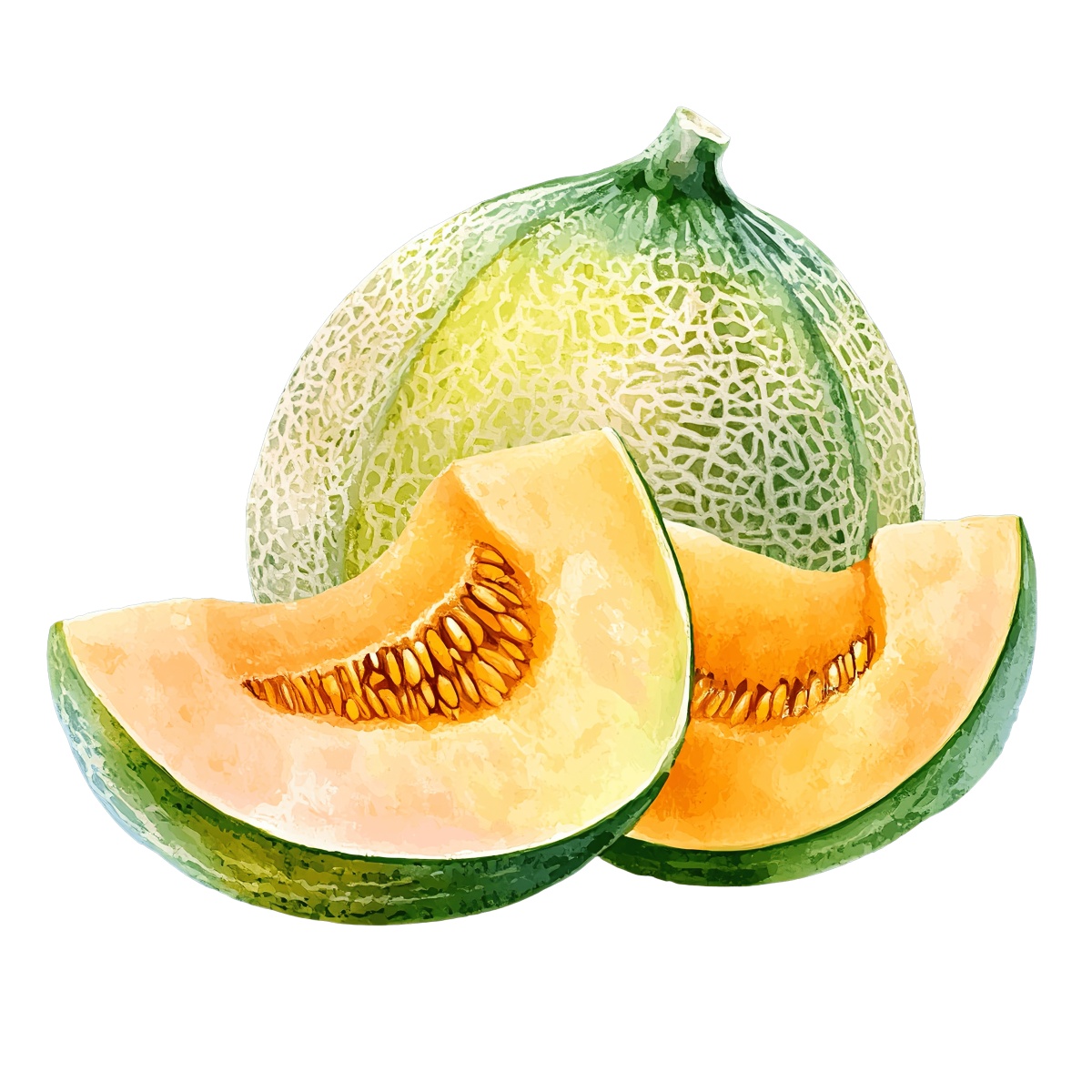 Whole cantaloupe with two slices showing seeds and orange flesh