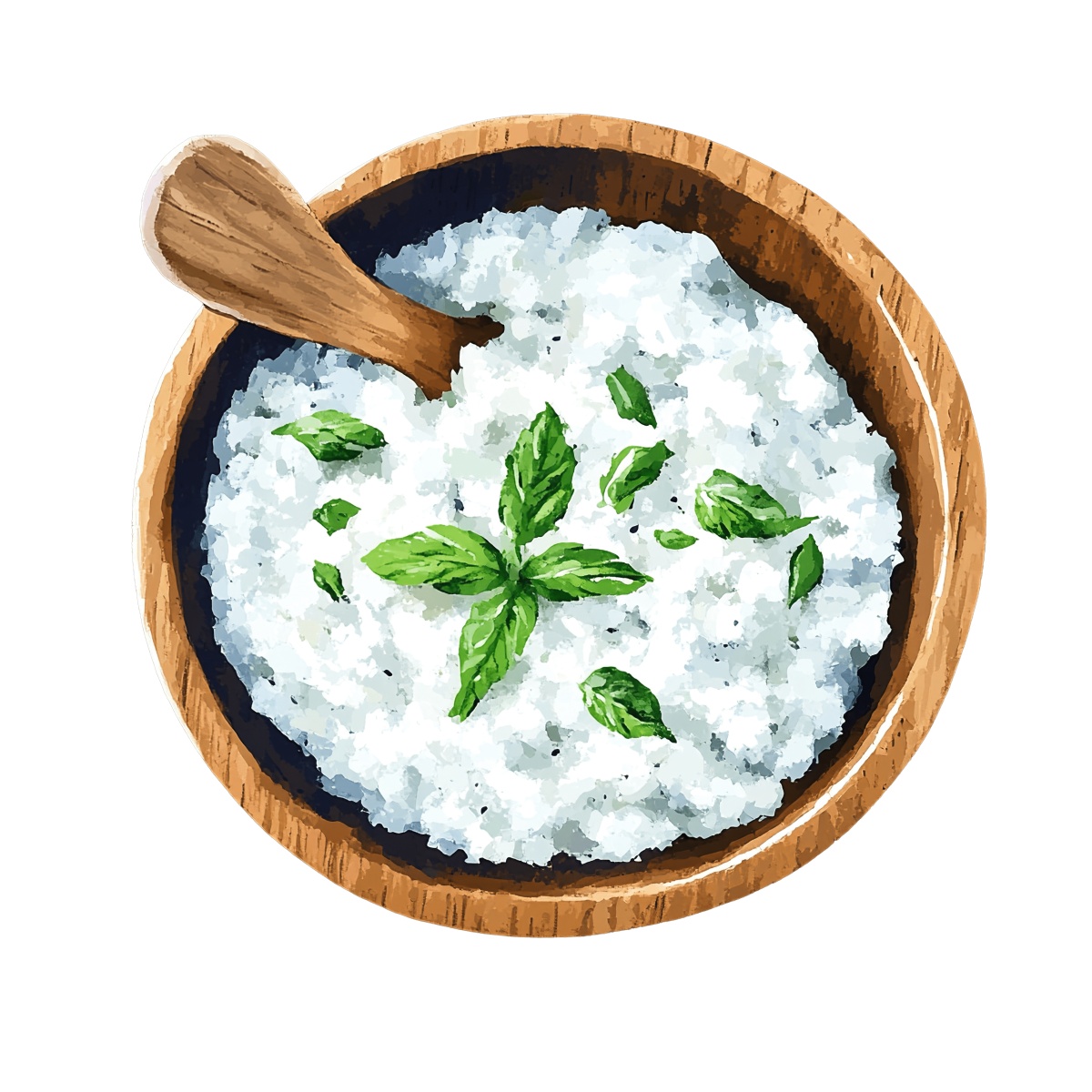 Wooden bowl containing rice topped with fresh green herbs.