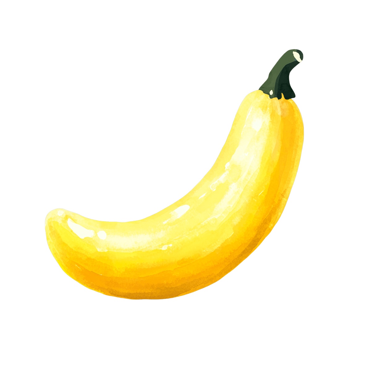 Yellow banana with watercolor texture and green stem