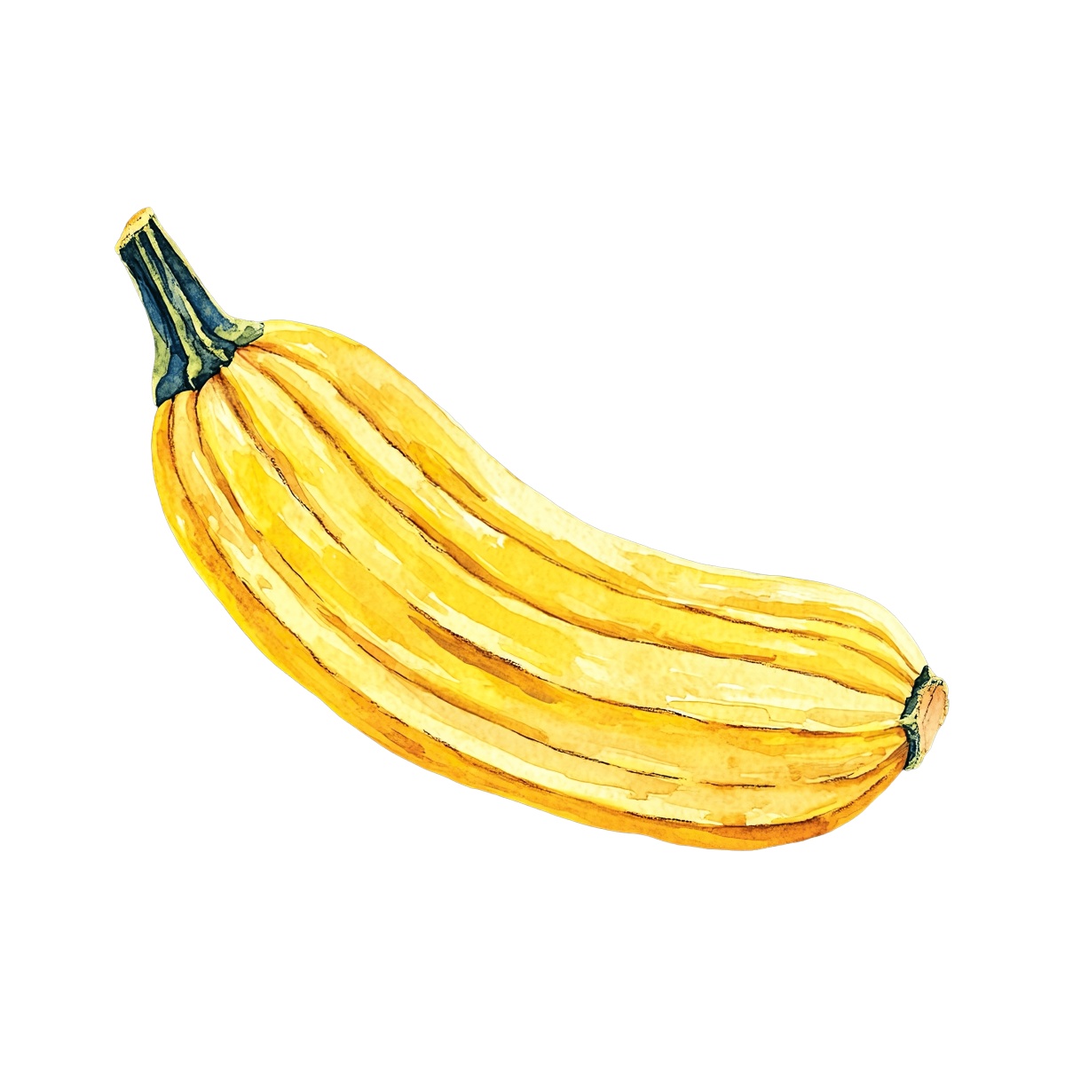 Yellow banana with green stem and detailed texture.