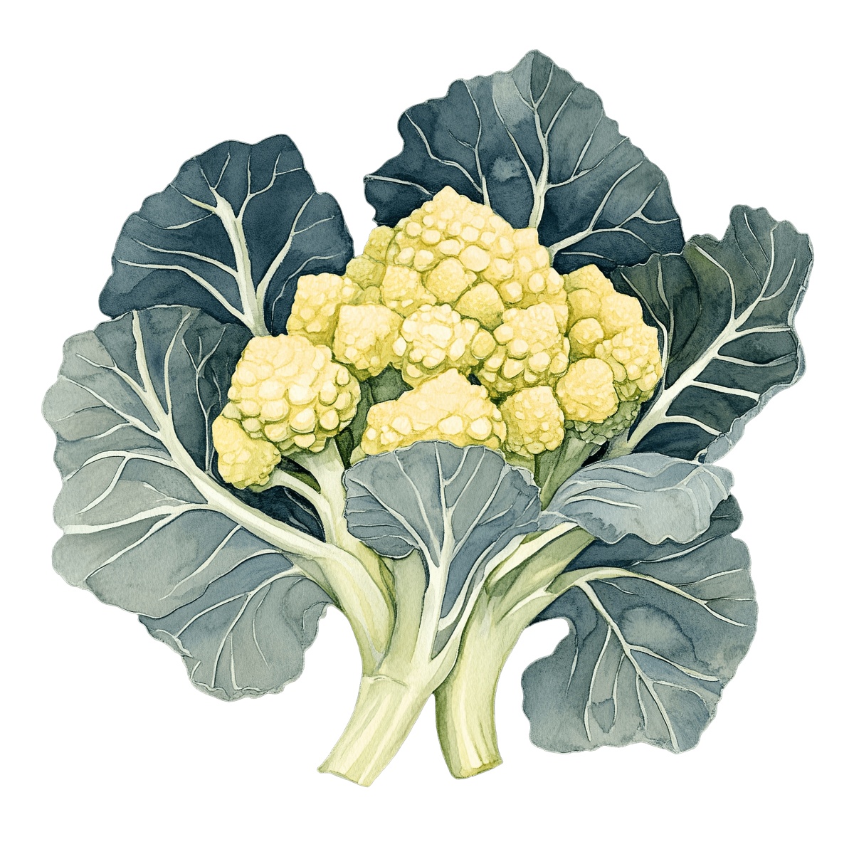 Yellow cauliflower with green leaves depicted in detailed vector art.