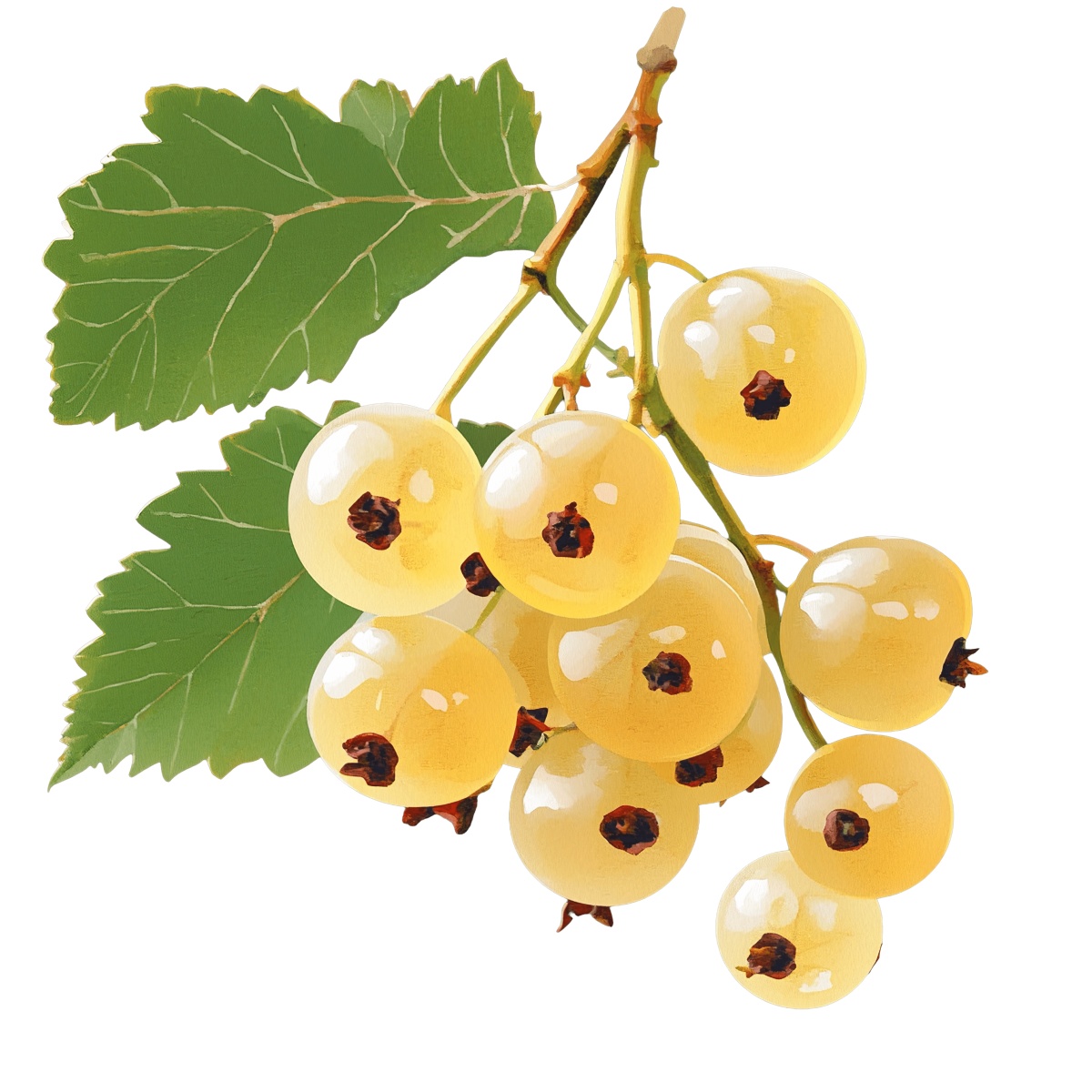 Yellow currant berries with green leaves hanging from a branch