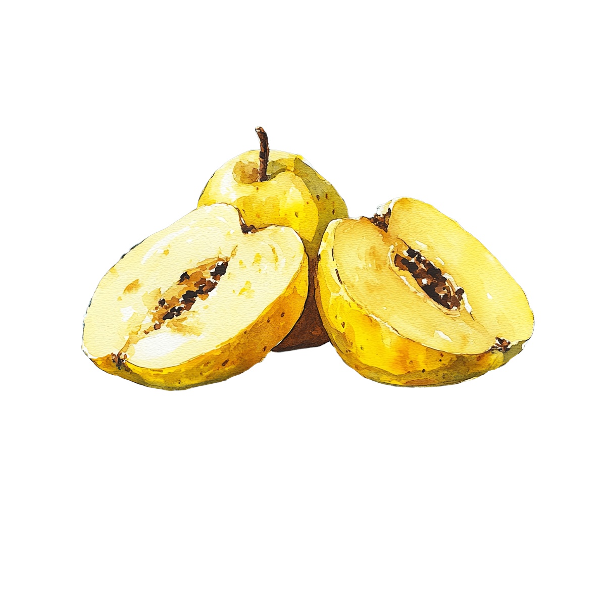 Yellow quince fruit with two halves showing seeds and texture.