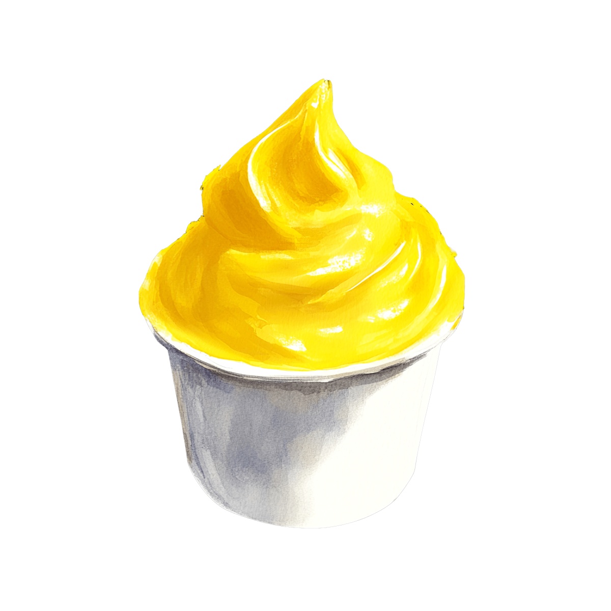 Yellow soft serve ice cream swirled in a white paper cup