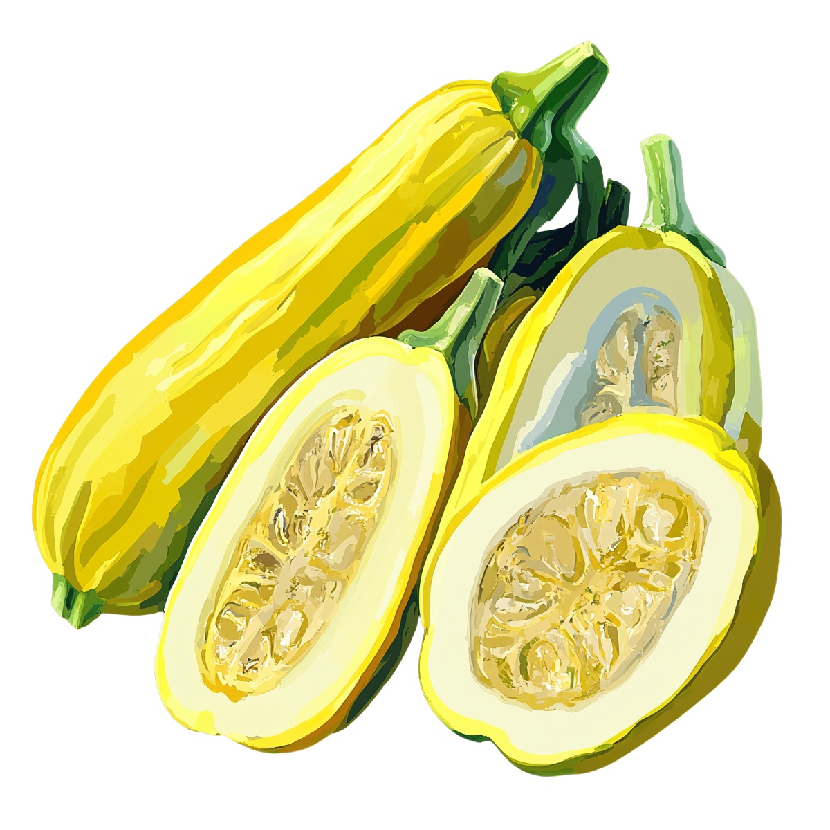Yellow squash shown whole and sliced, highlighting its detailed interior
