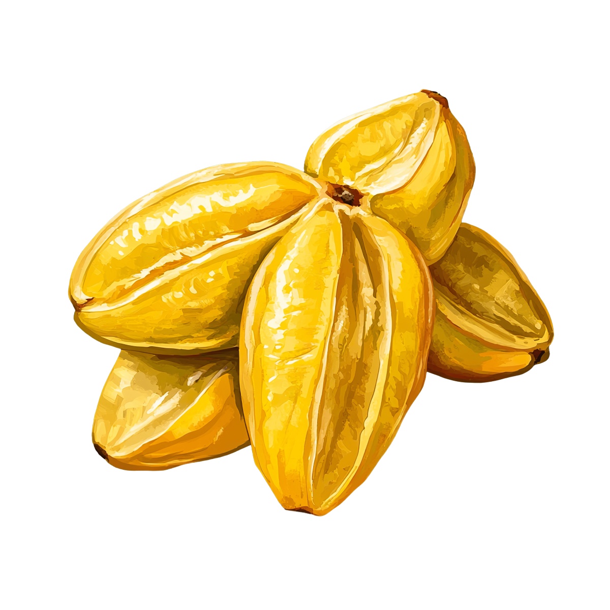Yellow starfruit cluster with a glossy and textured appearance.