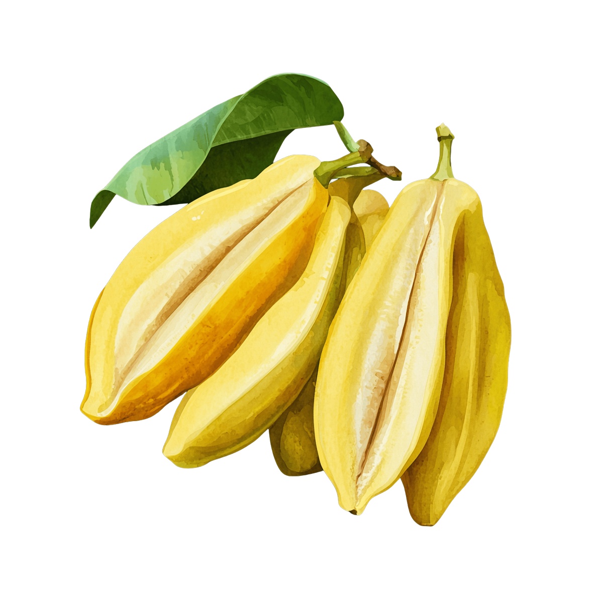 Yellow starfruit cluster with a green leaf on top.