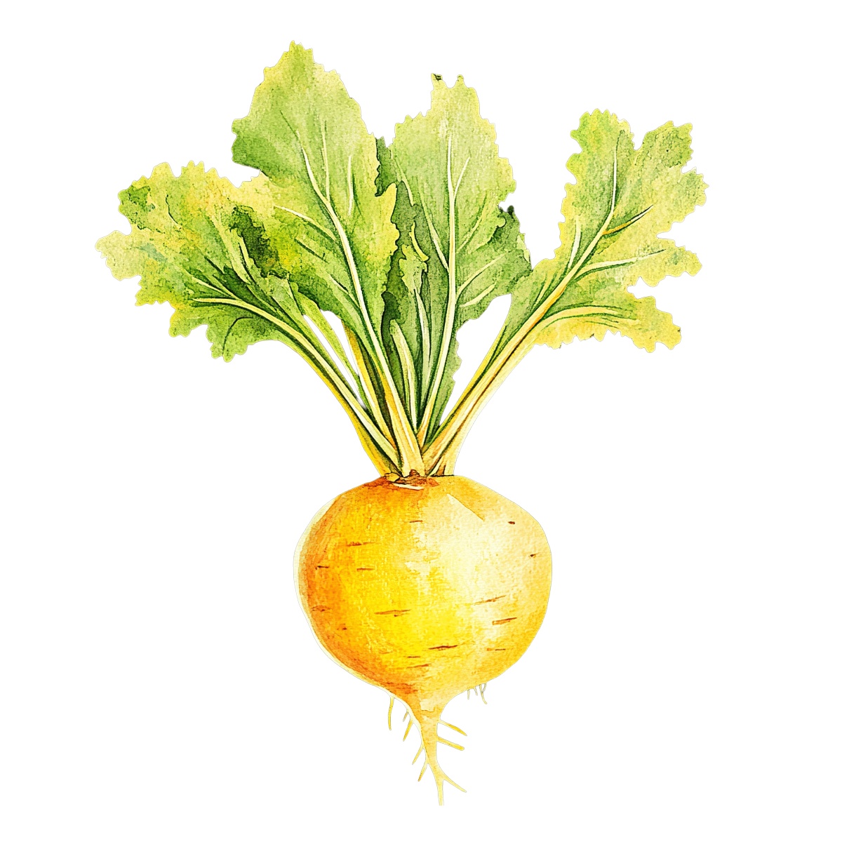 Yellow turnip with green leaves on a