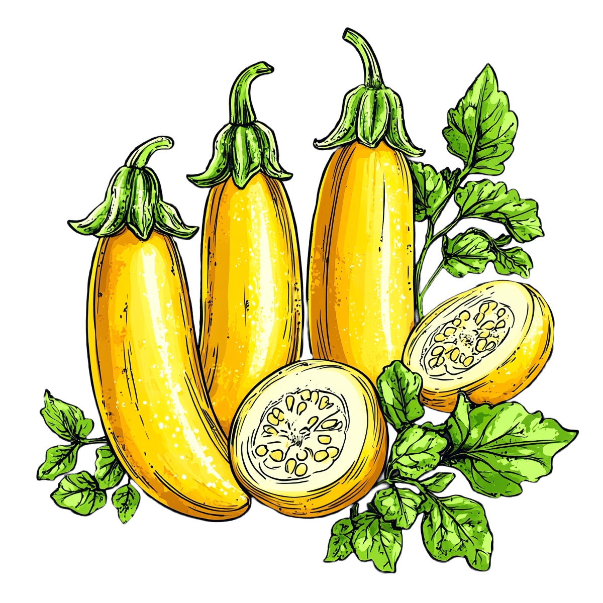 Yellow zucchinis with green leaves and a sliced cross-section